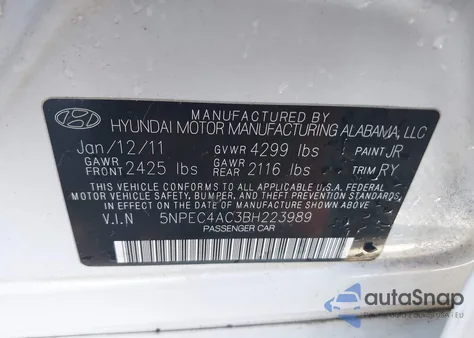 2011 Hyundai Sonata Limited from USA, damaged, VIN 5NPEC4AC3BH223989